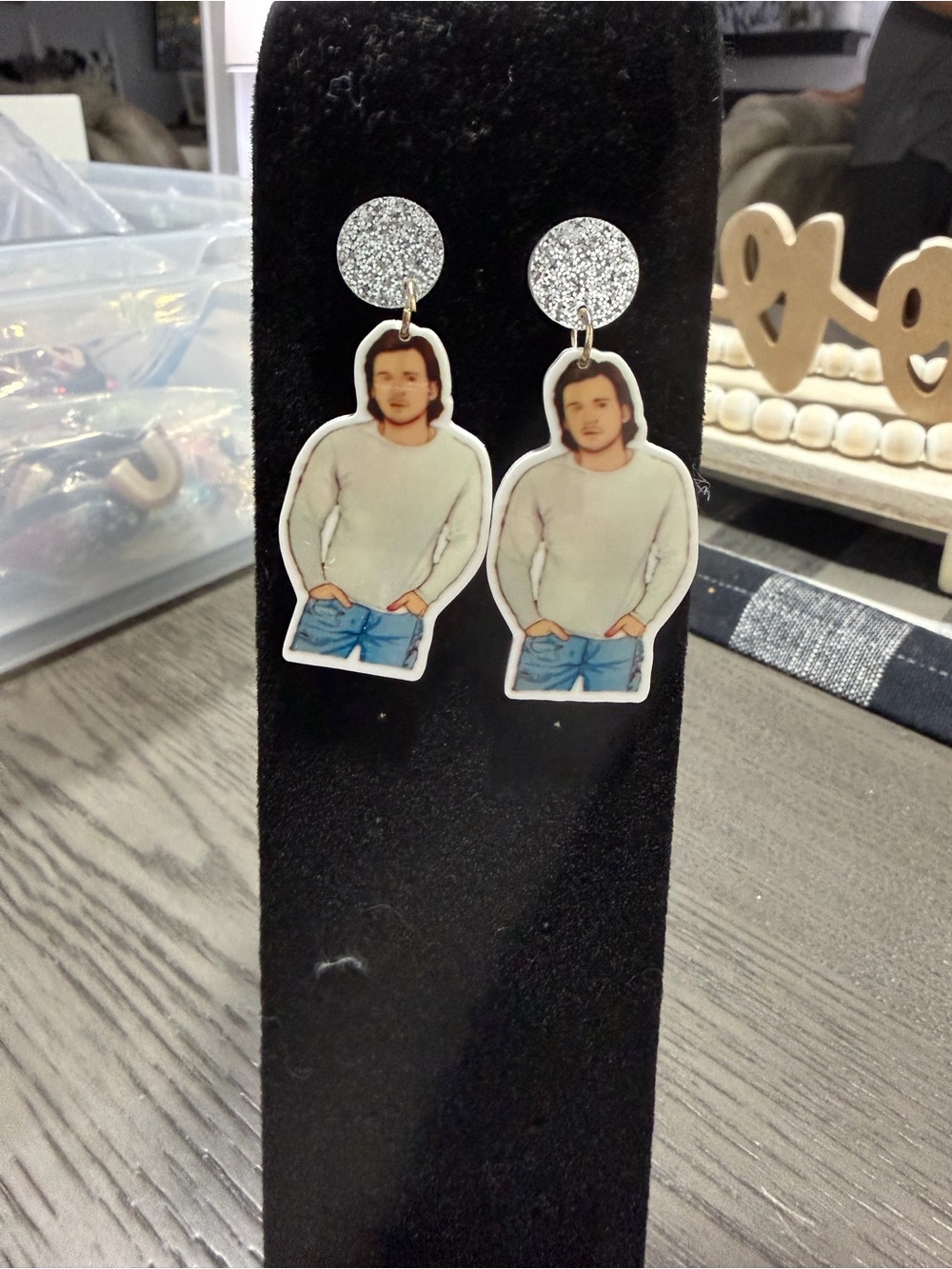 Morgan Wallen Earrings with Silver Glitter Top